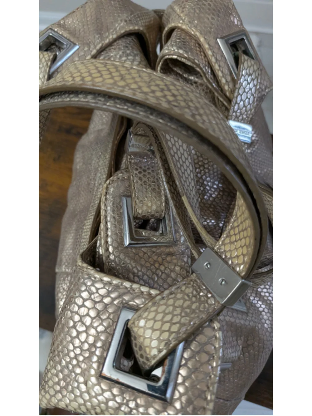 Michael Kors 'Carey Large' snake-embossed metallic leather shoulder tote.